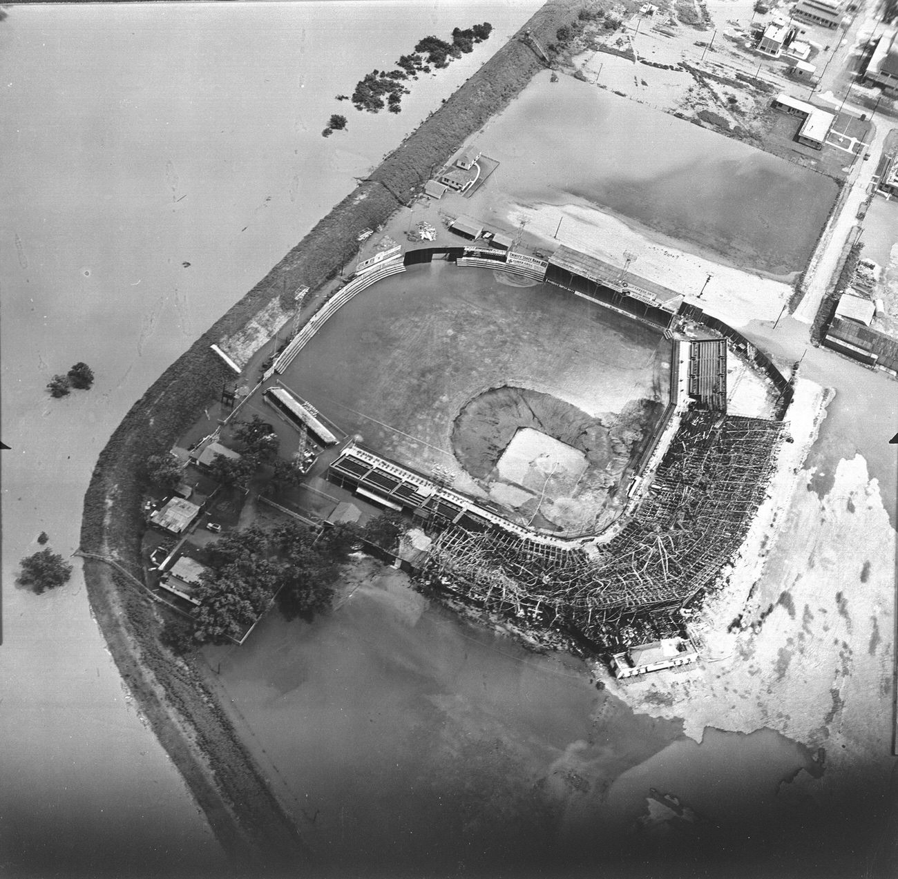 Flooding along North Main St., Fort Worth, aerial of flooded LaGrave Field, Cats baseball park, 1949