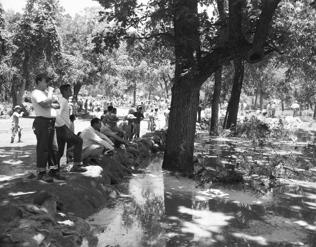 Flood damage at a park, 1949. Men observing the flood damage.