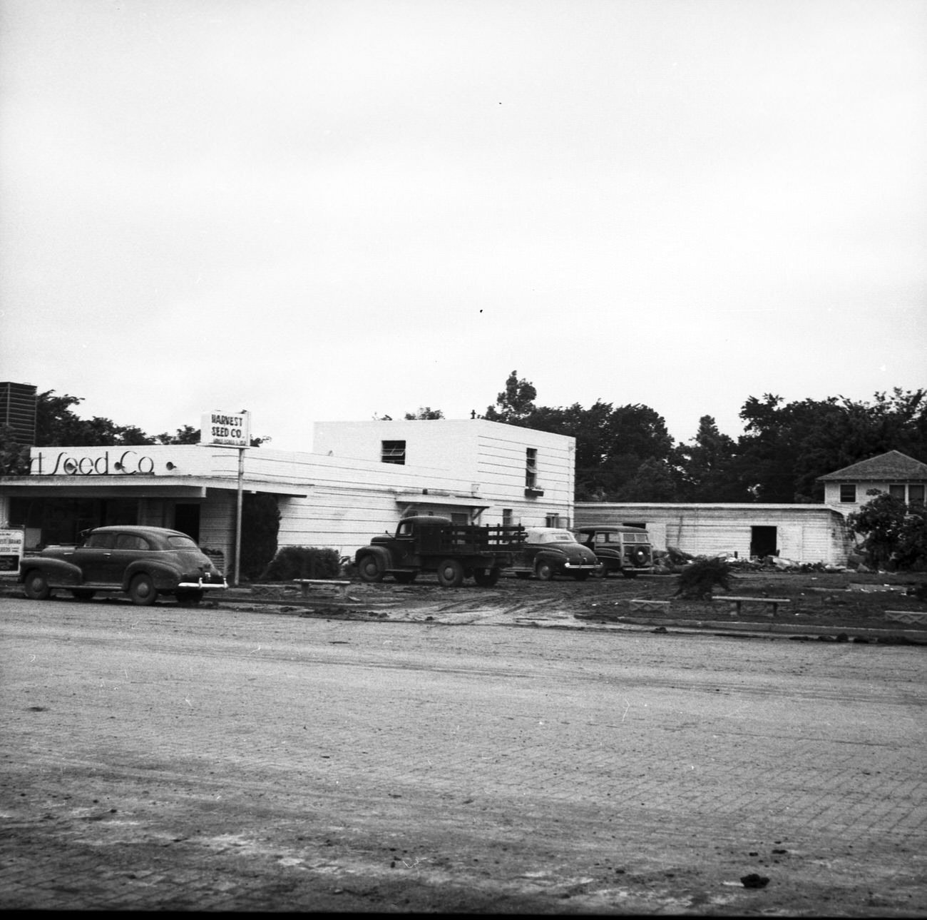 Harvest Seed Company after the 1949 Fort Worth Flood. There is mud covering the ground all around the building.