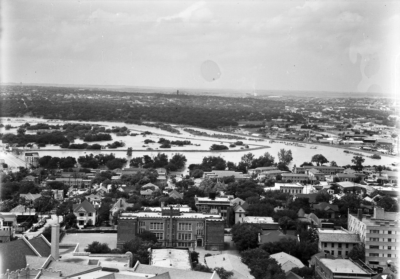 Fort Worth Flood Scene Panorama, 1949. Buildings, trees and flooded area are seen.