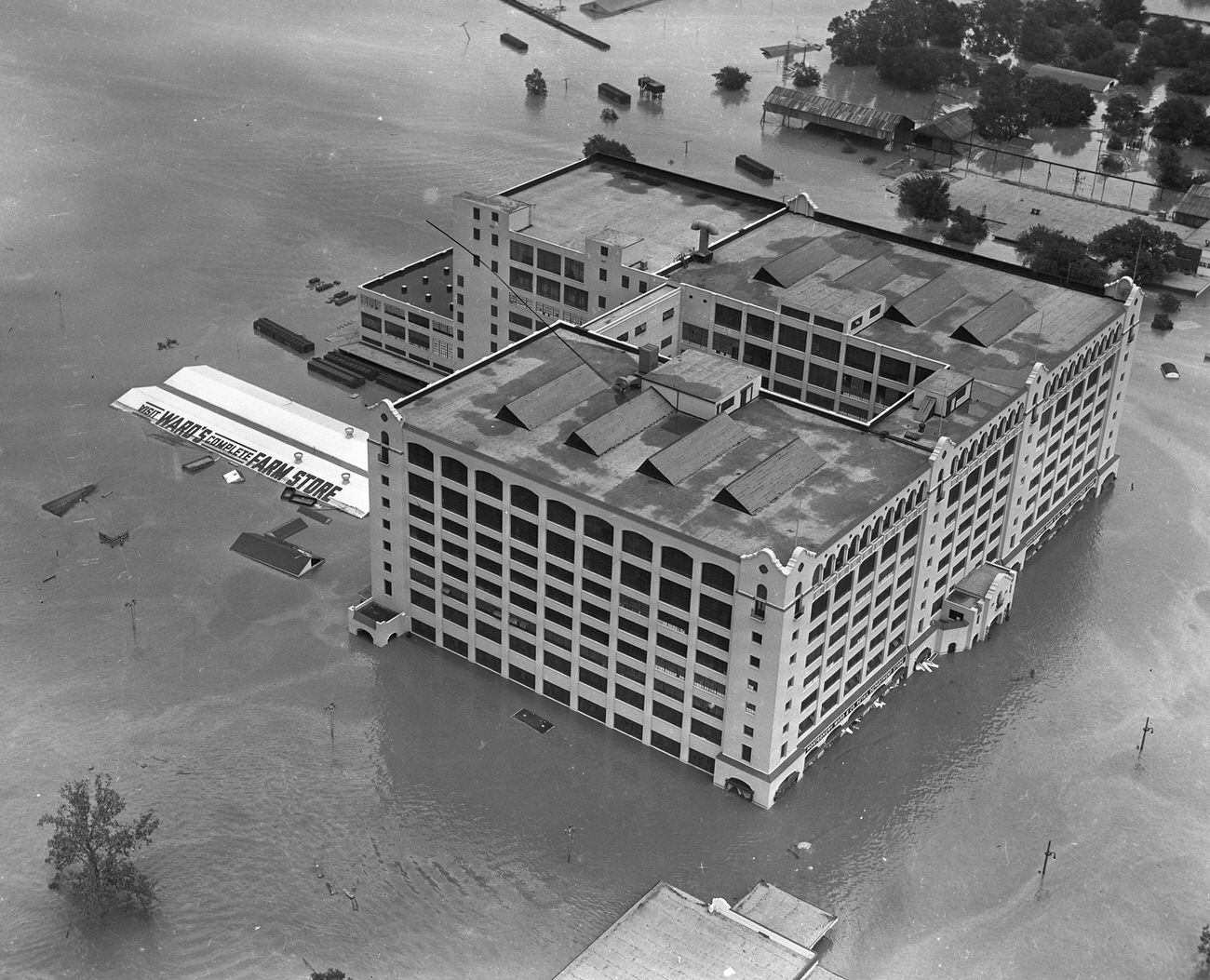 Fort Worth, Texas, flood of 1949, showing 7th Street under water. The large Montgomery Ward building received extensive damage.