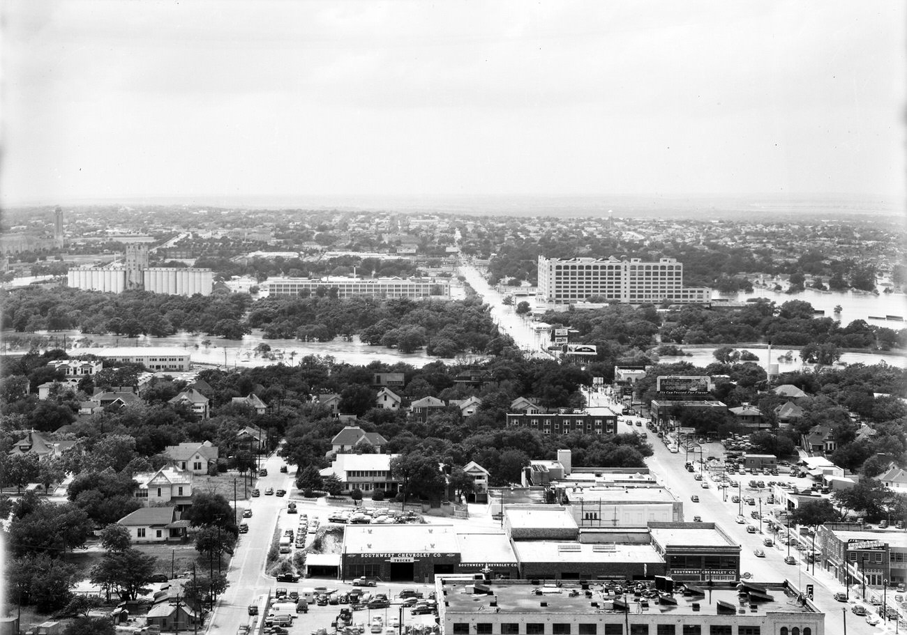 Fort Worth Flood Scene Panorama.Buildings, trees and flooded area are seen, 1949