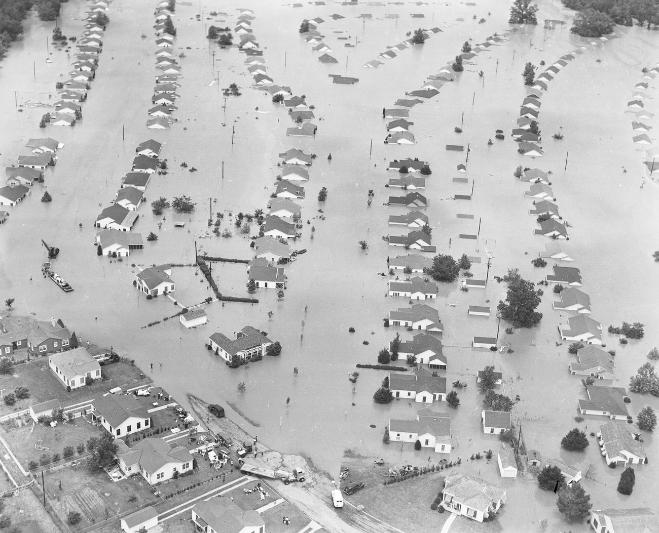 Fort Worth, Texas, flood of 1949, showing a neighborhood of homes under water, 1949