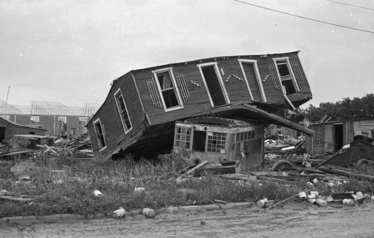 Flood scenes of commercial and residential buildings, 1949