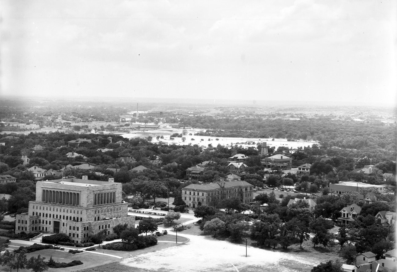 Fort Worth Flood Scene Panorama. Buildings, trees and flooded area are seen, 1949
