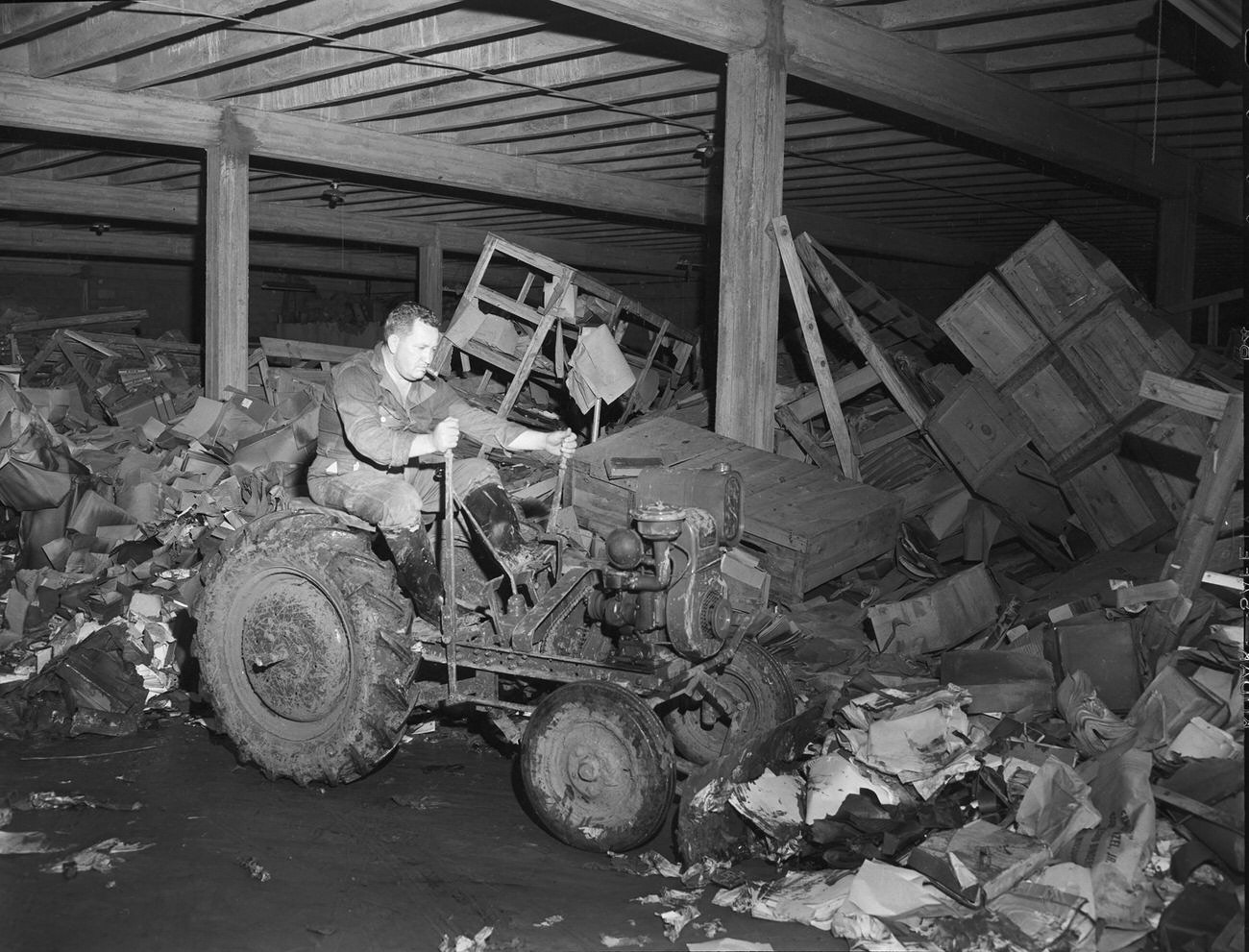 Flood damage to the interior of the Stationers Distributing Company, 1949