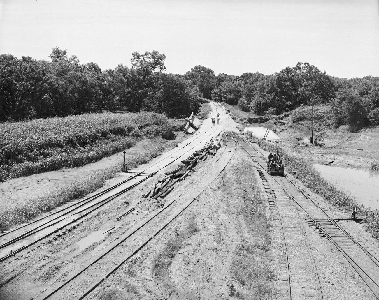 Flood damage looking south at the Frisco Railroad tracks, 1949