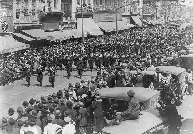 French blue jackets on parade, Norfolk, 1917