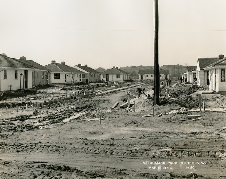 Merrimack Landing. Merrimack Park.Project VA-6-1 Looking North, service drive between Bldgs, 1941