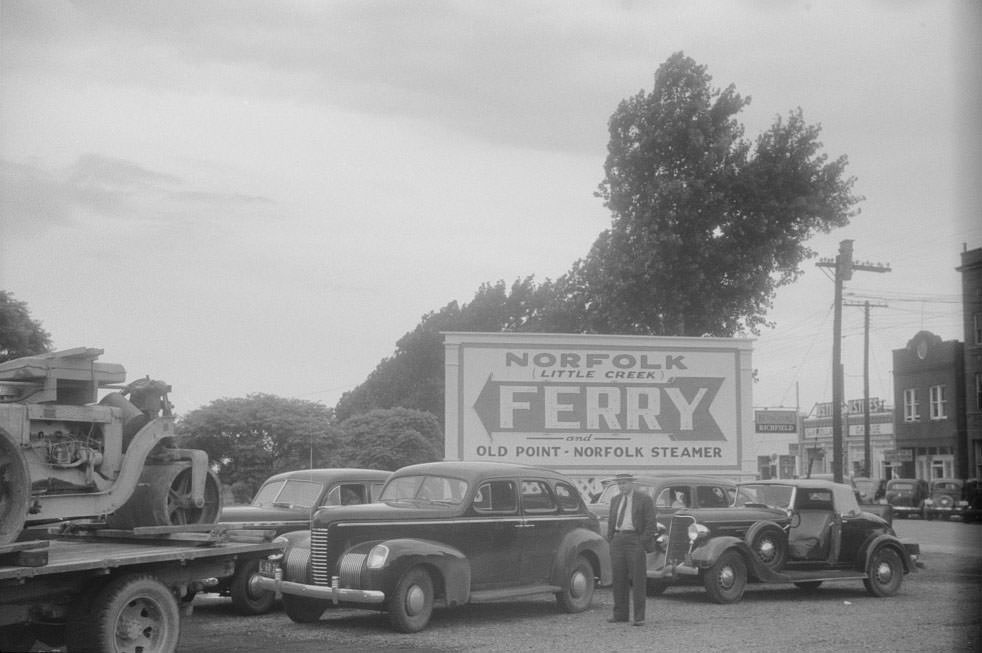 Cars waiting for the nine o'clock ferry to Norfolk, at Cape Charles, Virginia, 1940