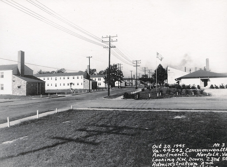 Commonwealth Apartments, Looking Northwest down 23rd Street.Administration and Social Hall Building, 1945