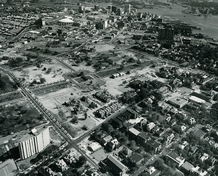 Aerial View looking South before construction, 1950