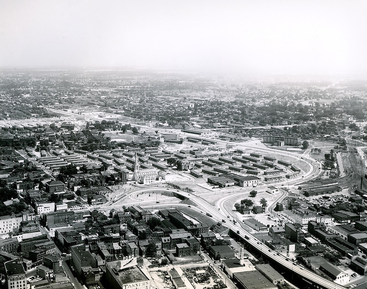 Aerial view of Civic Center site prior to construction, 1958