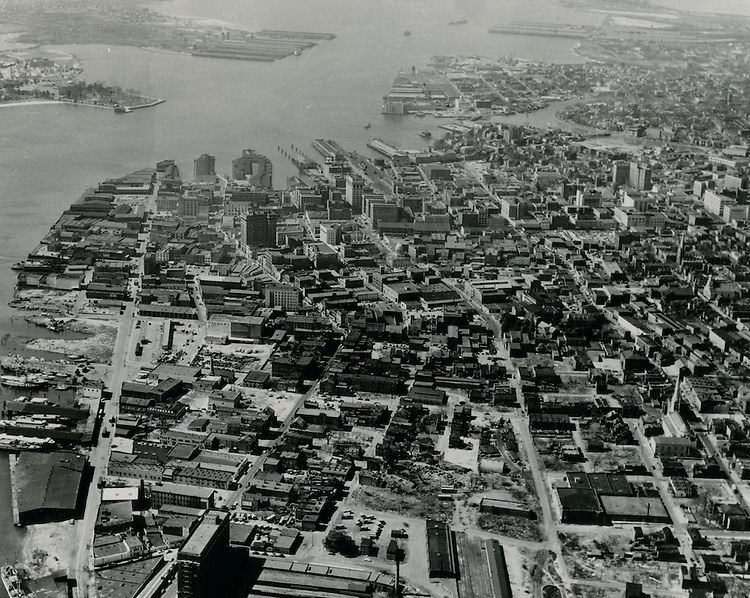 Aerial view looking West at Downtown, 1959