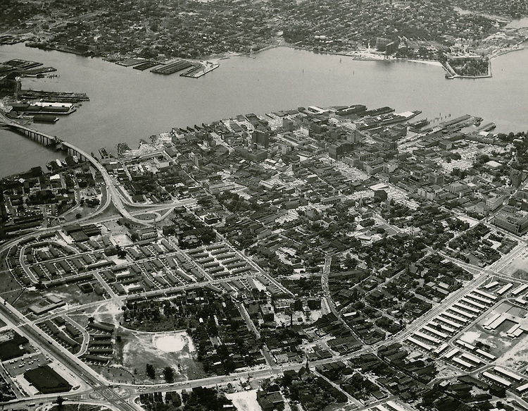 View looking South at Downtown Norfolk. Young Terrace & Tidewater Gardens in foreground, 1958