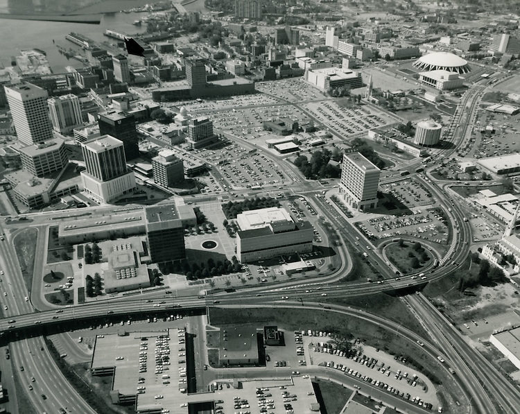 View looking West at Downtown Norfolk. Financial District on left.17 acres site center.Norfolk Scopr upper right, 1950s