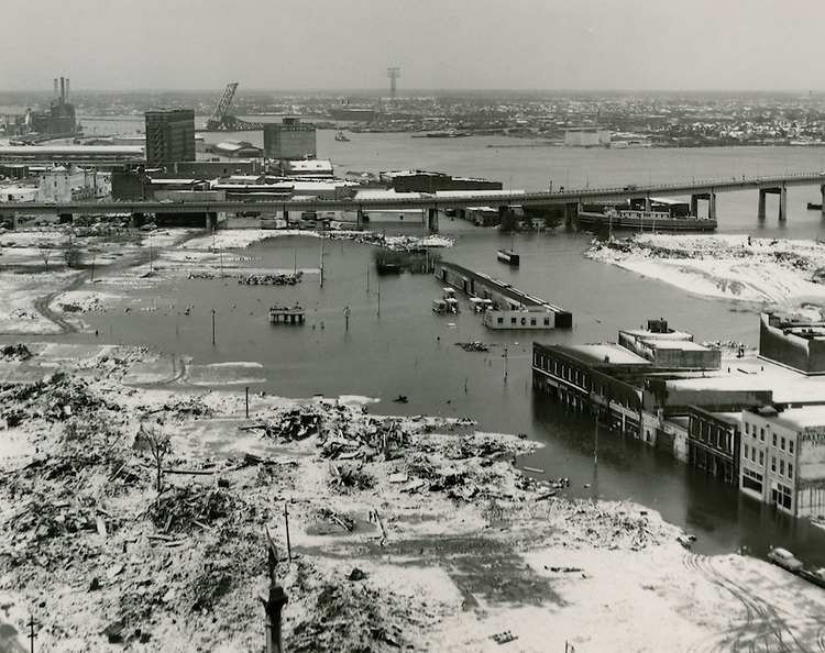 Looking East on Union Street and Water Street.Flooding. March 07, 1962