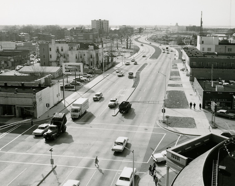 Brambleton Avenue after widening, looking west from Boush Street and Brambleton Avenue - February 28, 1964