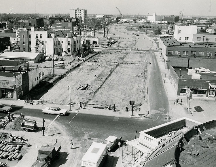 Brambleton Avenue widening under construction, looking west from Boush Street and Brambleton Avenue - February 02, 1962