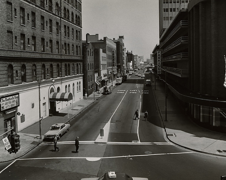 View looking North up Monticello Avenue from City Hall Avenue.Maritime Office Building on right. May 26, 1965