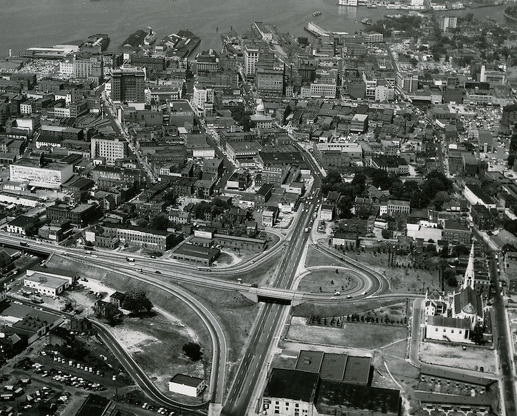 Aerial view looking West down City Hall Avenue, 1970s