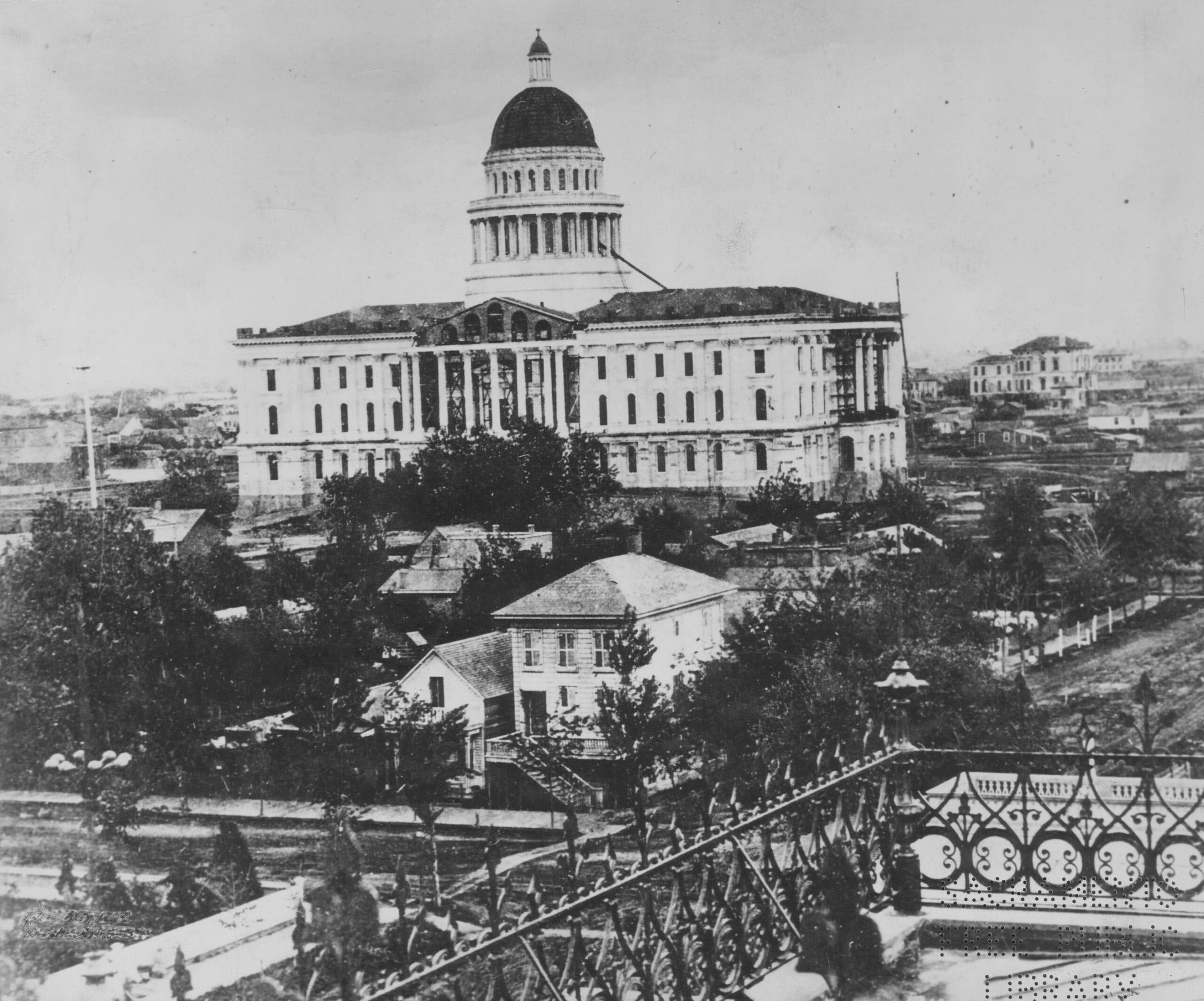 This 1879 photograph captures a youngish California State Capitol building as viewed from the corner of 10th and L streets.