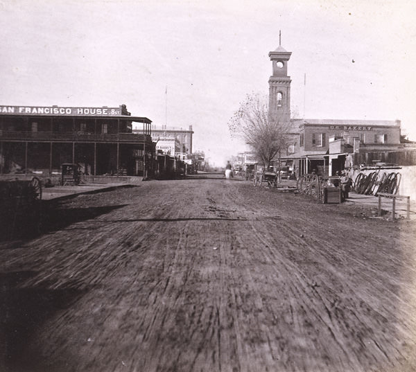 Sacramento City, K Street, Masonic Hall and Catholic Church, 1870s