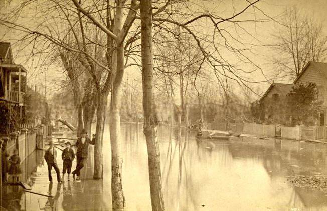 Flood in Sacramento on N Street between 4th and 5th Streets, 1870s