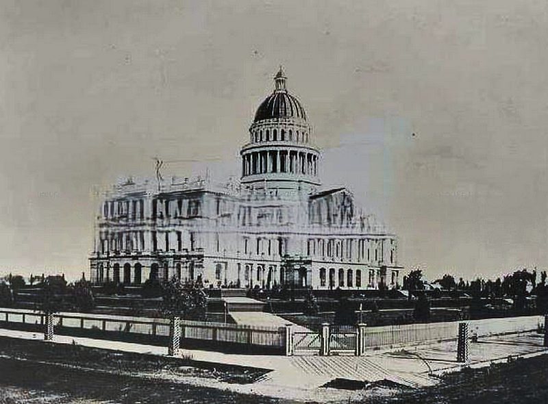 Exterior view of the first machine shop of the Central Pacific Railroad Company, 1876