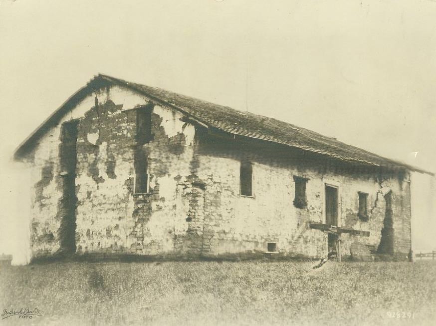 Six men and two dogs pose in front of this small wooden store, 1878