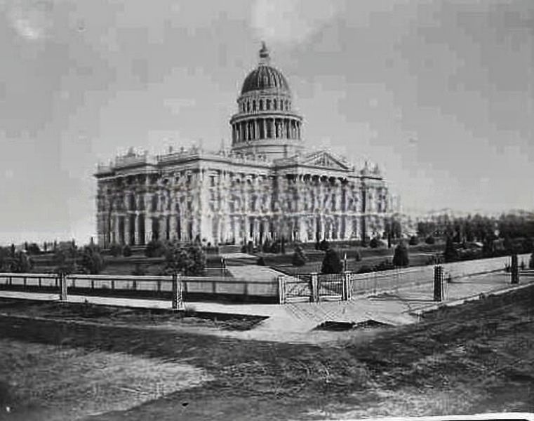 Exterior view of the state capitol during its construction. View taken from the northwest side of the building