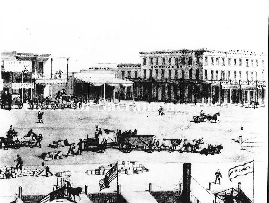 An old drawing of Old Sacramento with busy pedestrians. Gardner House, National House, and G. O. Perry Co. visible, 1875