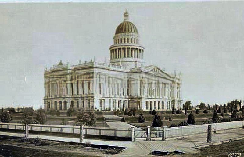 A view of buildings in San Francisco with the Miners Exchange Bank prominent in the center of the image, 1870