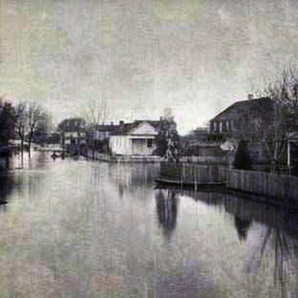 View of Sacramento during the flood of 1871, houses, trees, and fenced yards surrounded by water.