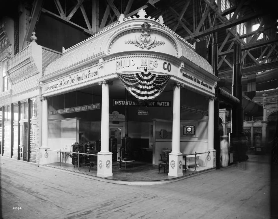 The Ruud Manufacturing Company, Pittsburgh, exhibited its gas water heaters in the Manufactures palace at the Louisiana Purchase Exposition, 1904