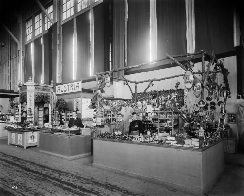 Vendors show Austrian goods in the Austria pavilion at the Louisiana Purchase Exposition, 1904