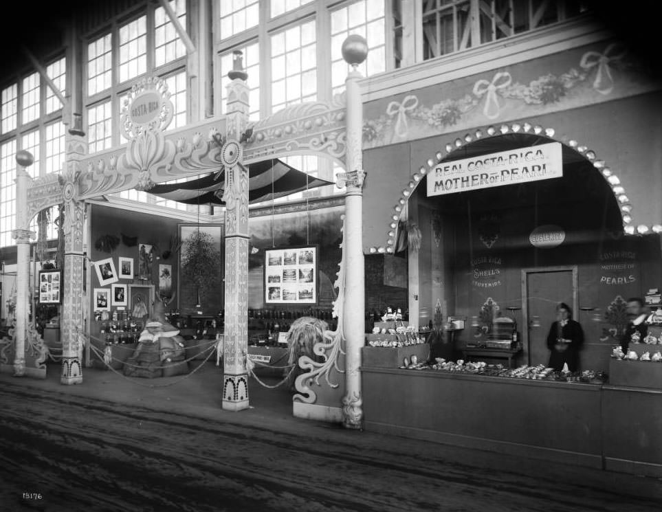 Costa Rica's exhibits, including liberal arts materials, agricultural, forestry and ocean products, were displayed in the Agriculture palace at the Louisiana Purchase Exposition, 1904