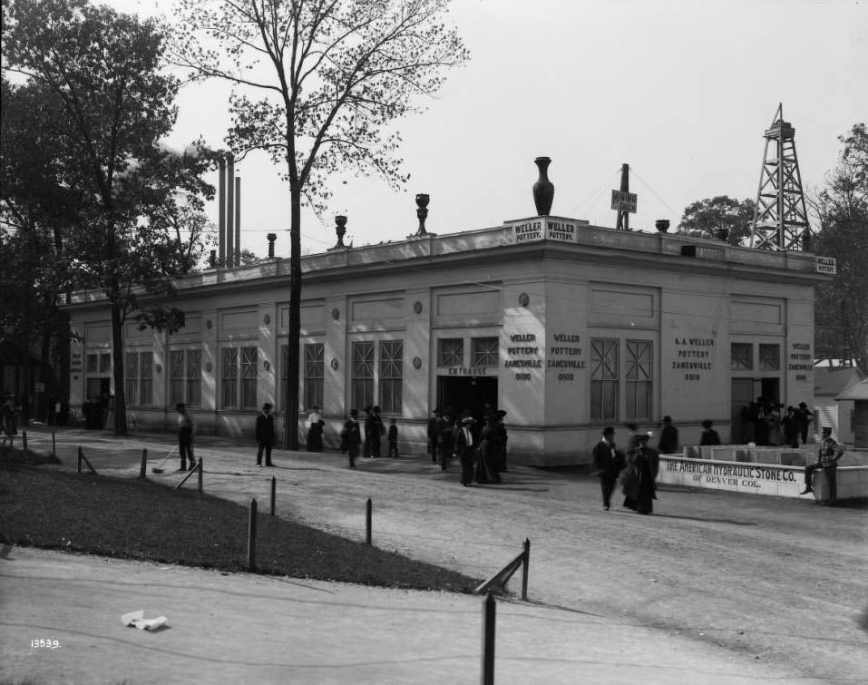 The Weller Pottery building was located east of the Liberal Arts building at the Louisiana Purchae Exposition, 1904