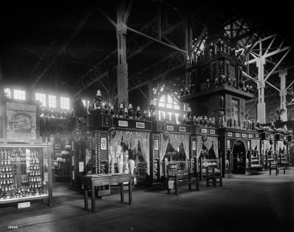 A view of a section of the California exhibits in the Agriculture building at the Louisiana Purchase Exposition, 1904