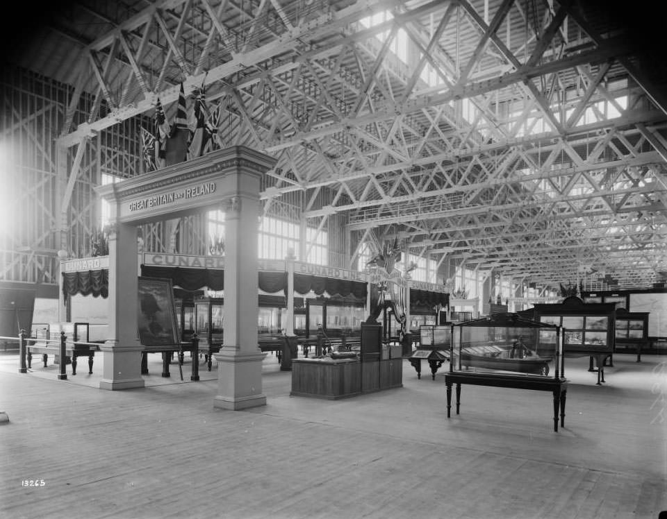 The Cunard Steamship Company showed models of its ships in Britain's section of the Transportation building at the Louisiana Purchase Exposition, 1904