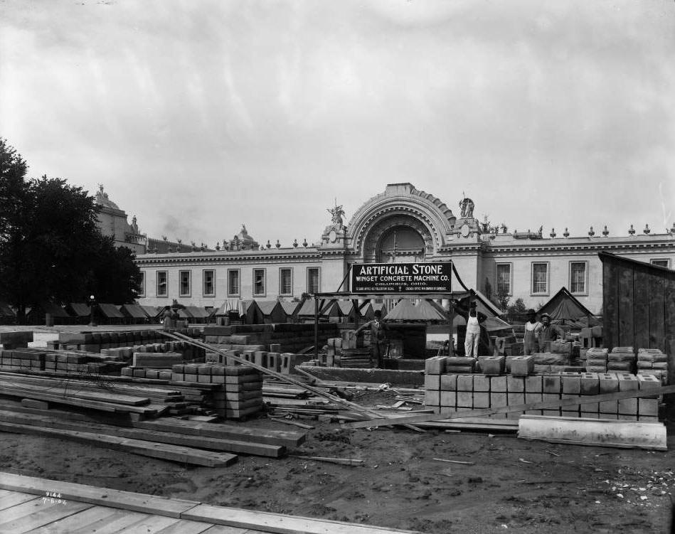 The Winget Machine Co., Columbus, Ohio, exhibited machinery for making articfical building stone and samples of its products in the Palace of Liberal Arts and in an area east of the Liberal Arts building at the Louisiana Purchase Exposition