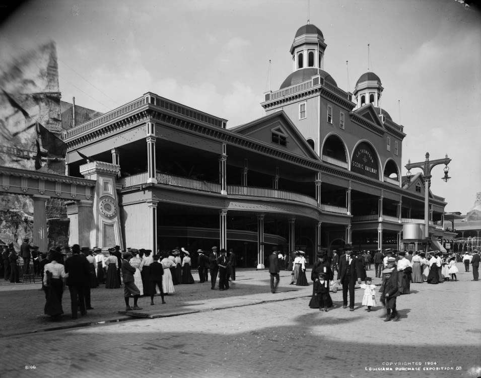 With three miles of track, the Scenic Railway concession on the Pike at the Louisiana Purchase Exposition, 1904