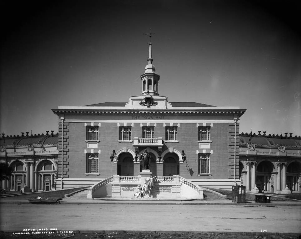 The Civic Pride monument stands in front of the Town Hall on the Model Street at the Louisiana Purchase Exposition, 1904