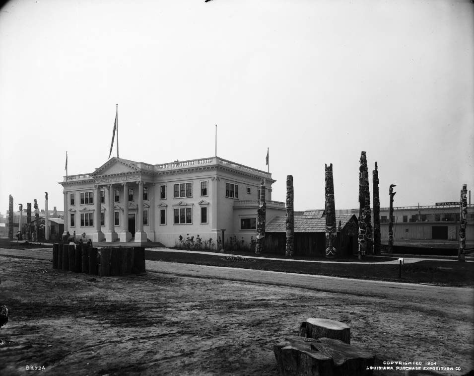 Totem poles were erected around the Alaska building at the Louisiana Purchase Exposition, 1904