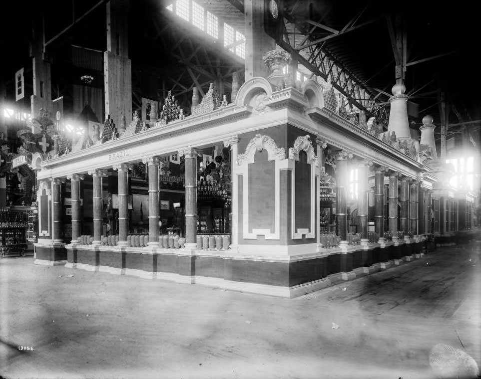 Coffee beans were displayed in glass columns at Brazil's booth in the Palace of Agriculture at the Louisiana Purchase Exposition.