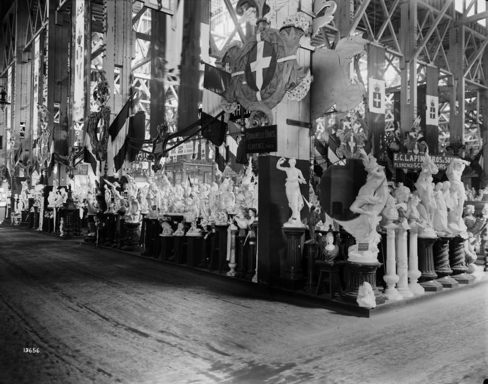 Marble statues from Italy were displayed in the Manufactures palace at the Louisiana Purchase Exposition, 1904