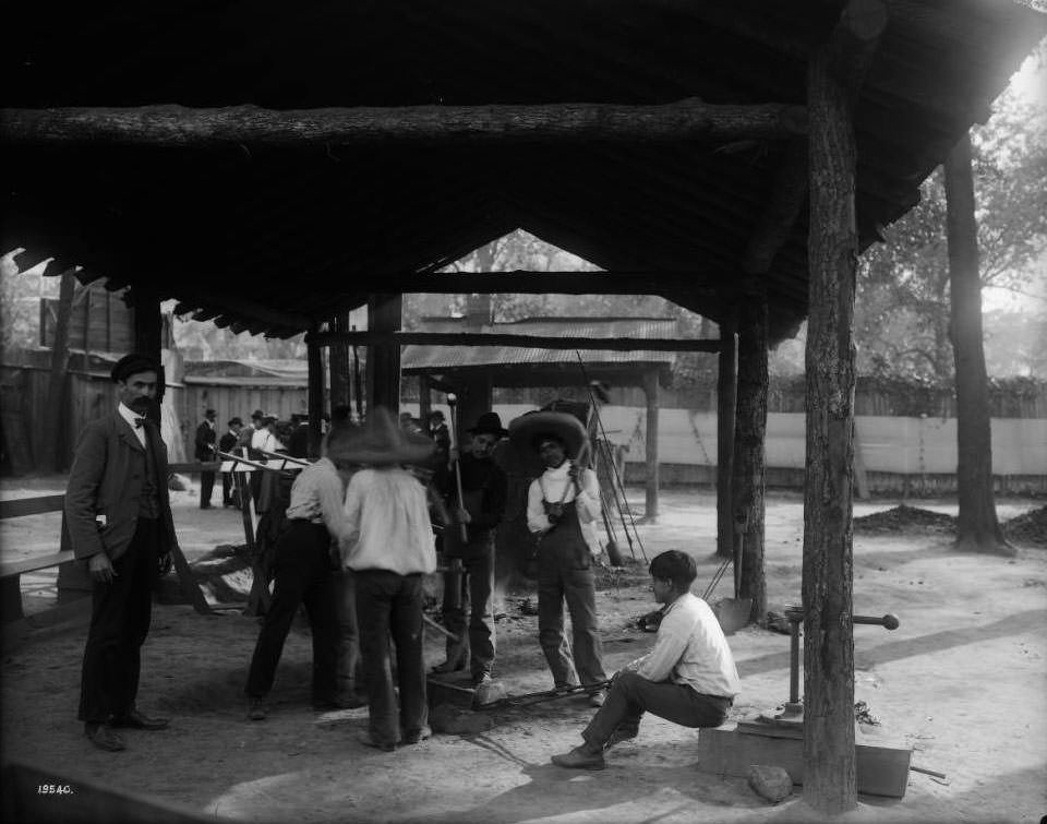 The Mining Gulch was a twelve acre area for Mines & Metallurgy Department's outdoor exhibits at the Louisiana Purchase Exposition, 1904