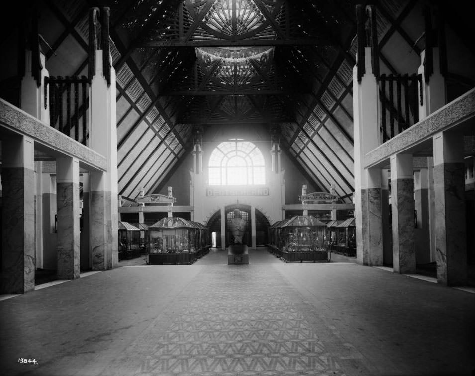 A view looking towards the entrance of the German Court of Honor in the Varied Industries building at the Louisiana Purchase Exposition, 1904