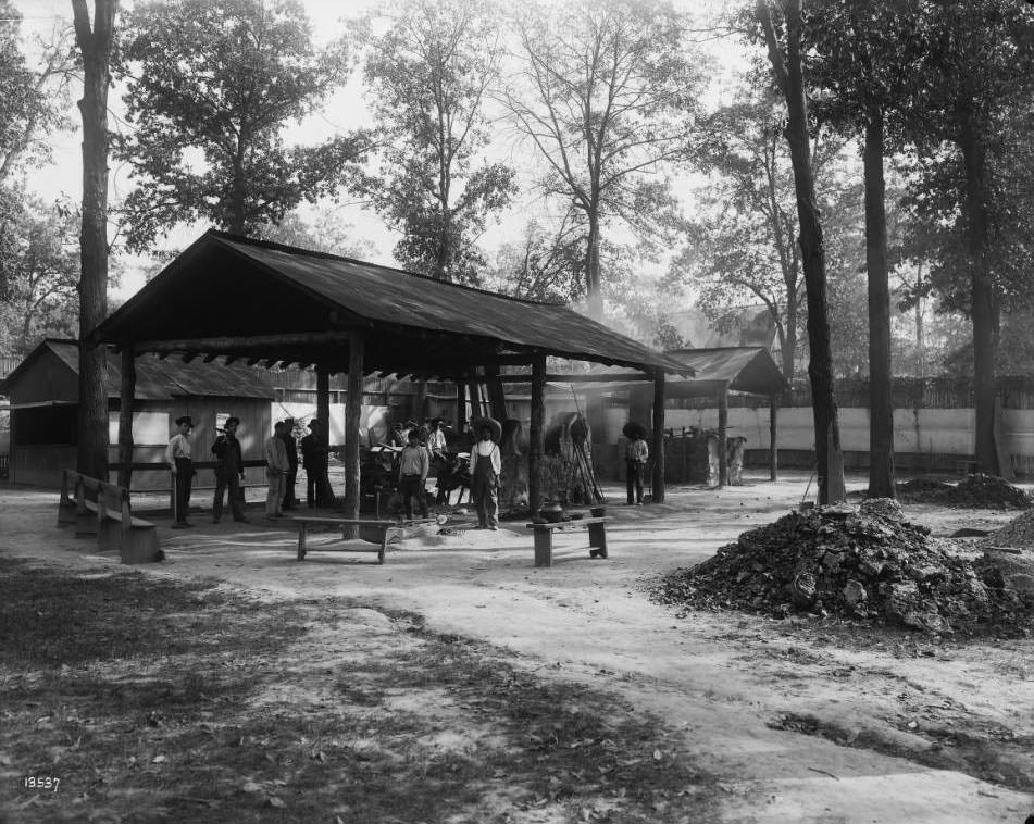 The Mining Gulch was a twelve acre area for the Mines and Metallurgy Department's outdoor exhibits at the Louisiana Purchase Exposition, 1904