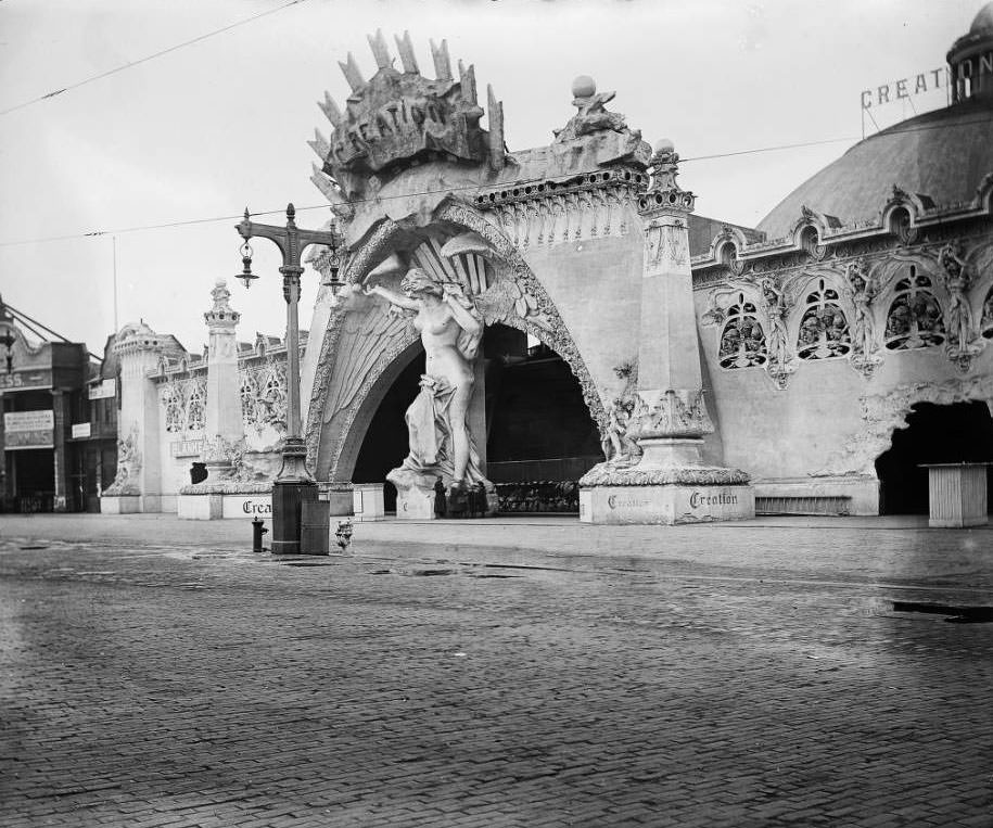 A view of the entrance to the Creation concession on the Pike toward the end of the Louisiana Purchase Exposition, 1904